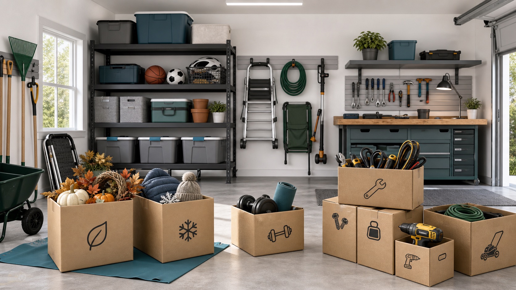 A garage storage area with tools, shelves, bins, and organized moving boxes