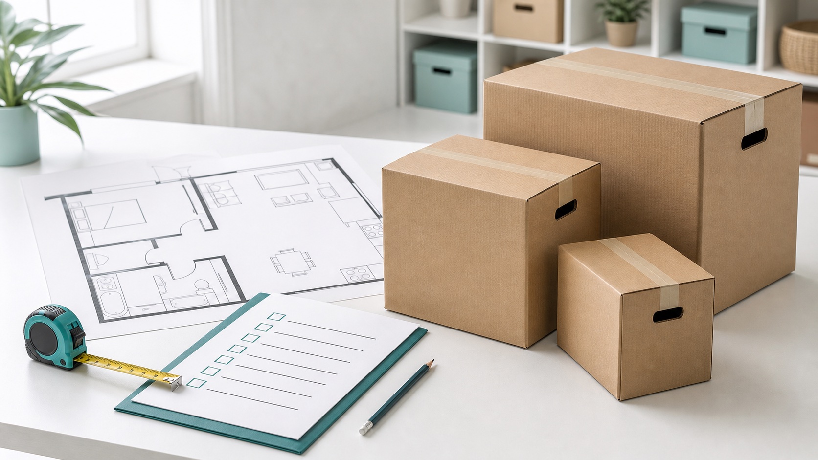 Moving box estimate planning table with boxes, tape measure, and floor plan