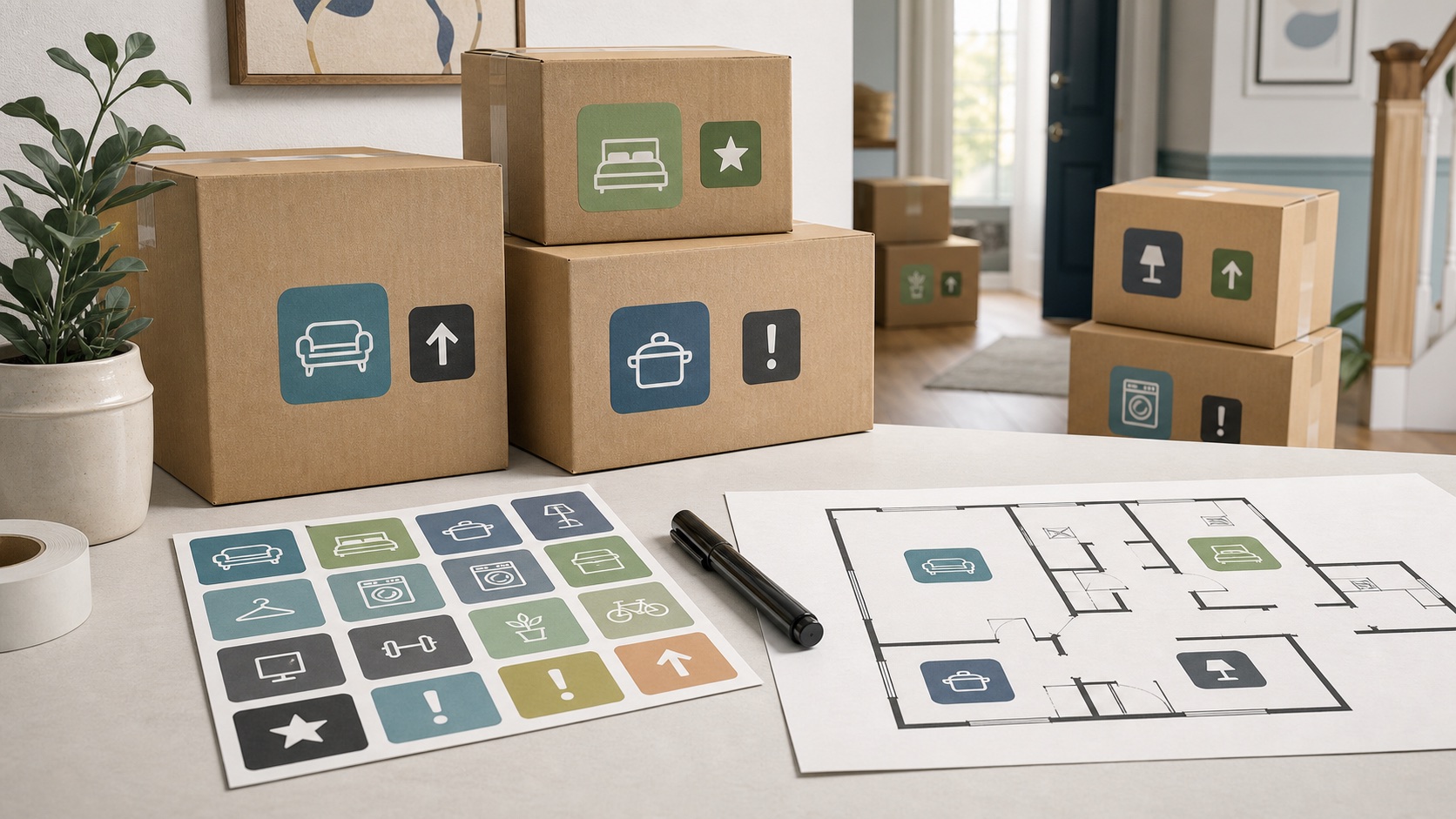 Moving boxes with color-coded labels, marker, and a simple room map