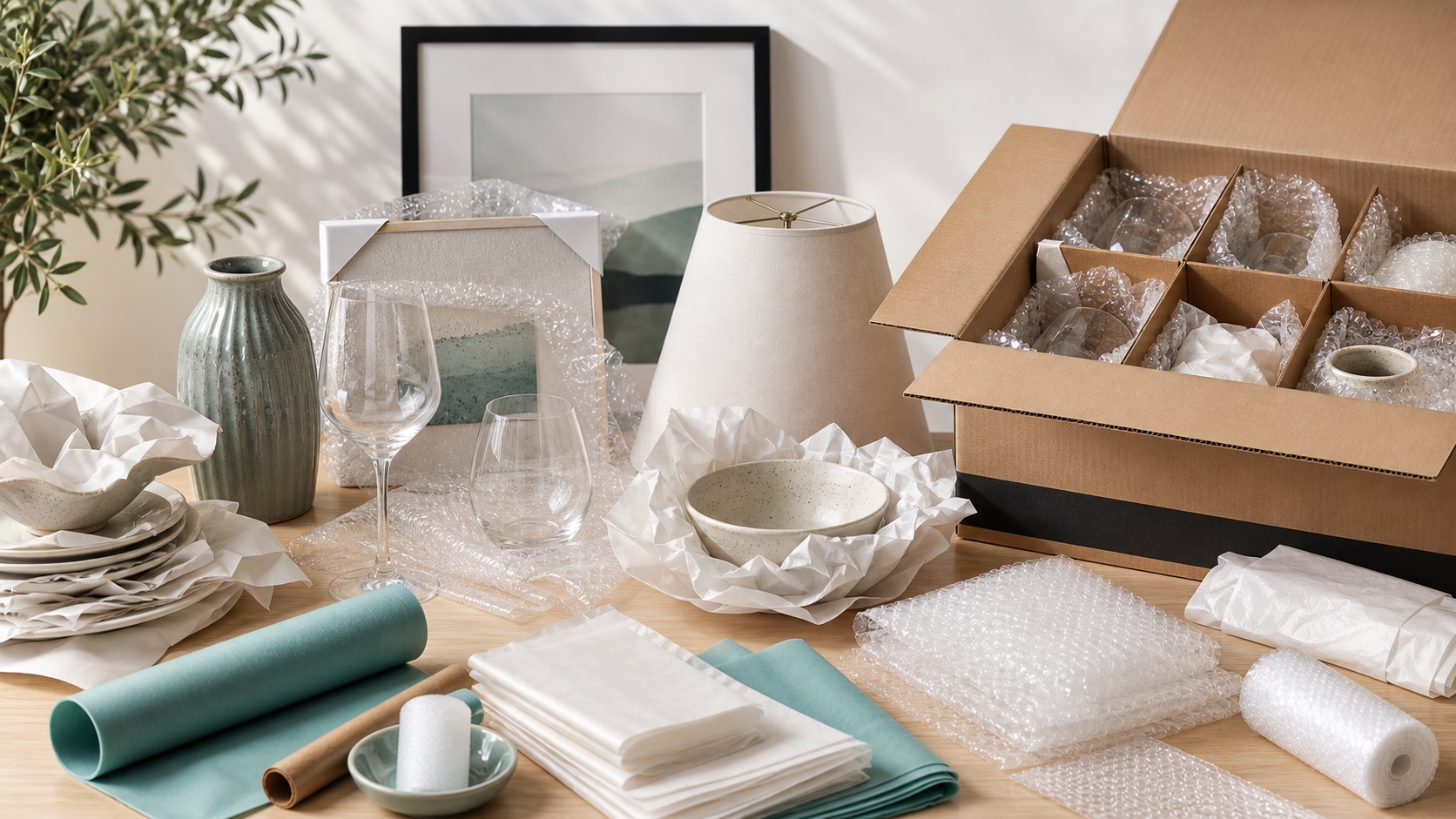 Fragile household items with packing paper, bubble wrap, and a reinforced moving box