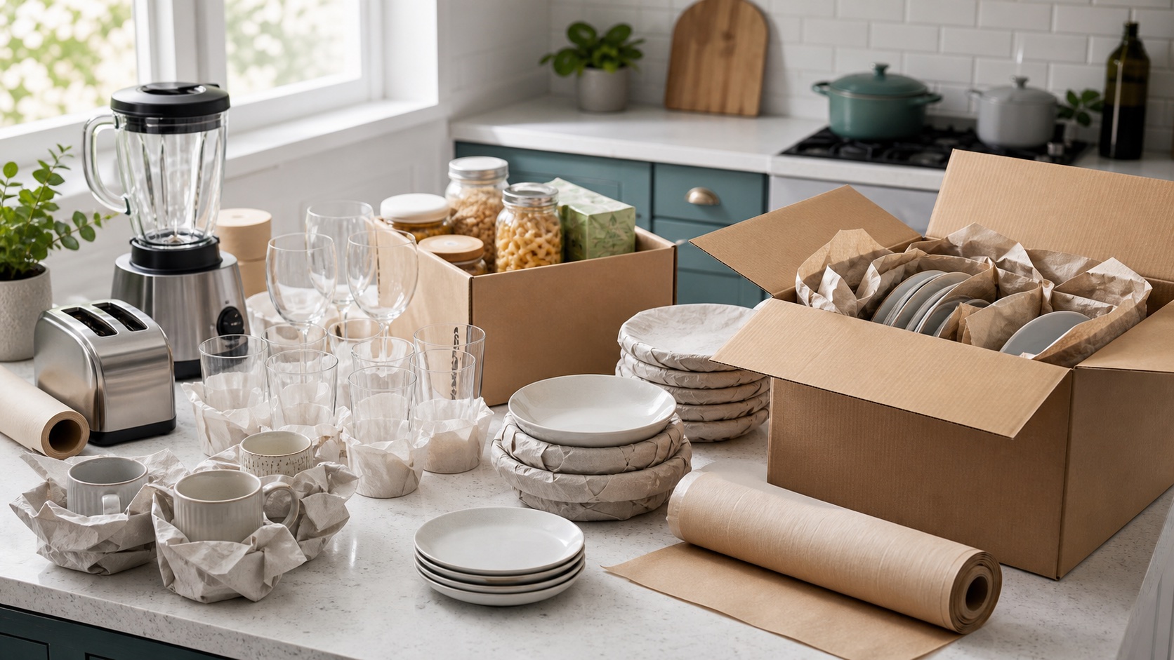 A kitchen counter with dish boxes, plates, glasses, cookware, and packing paper
