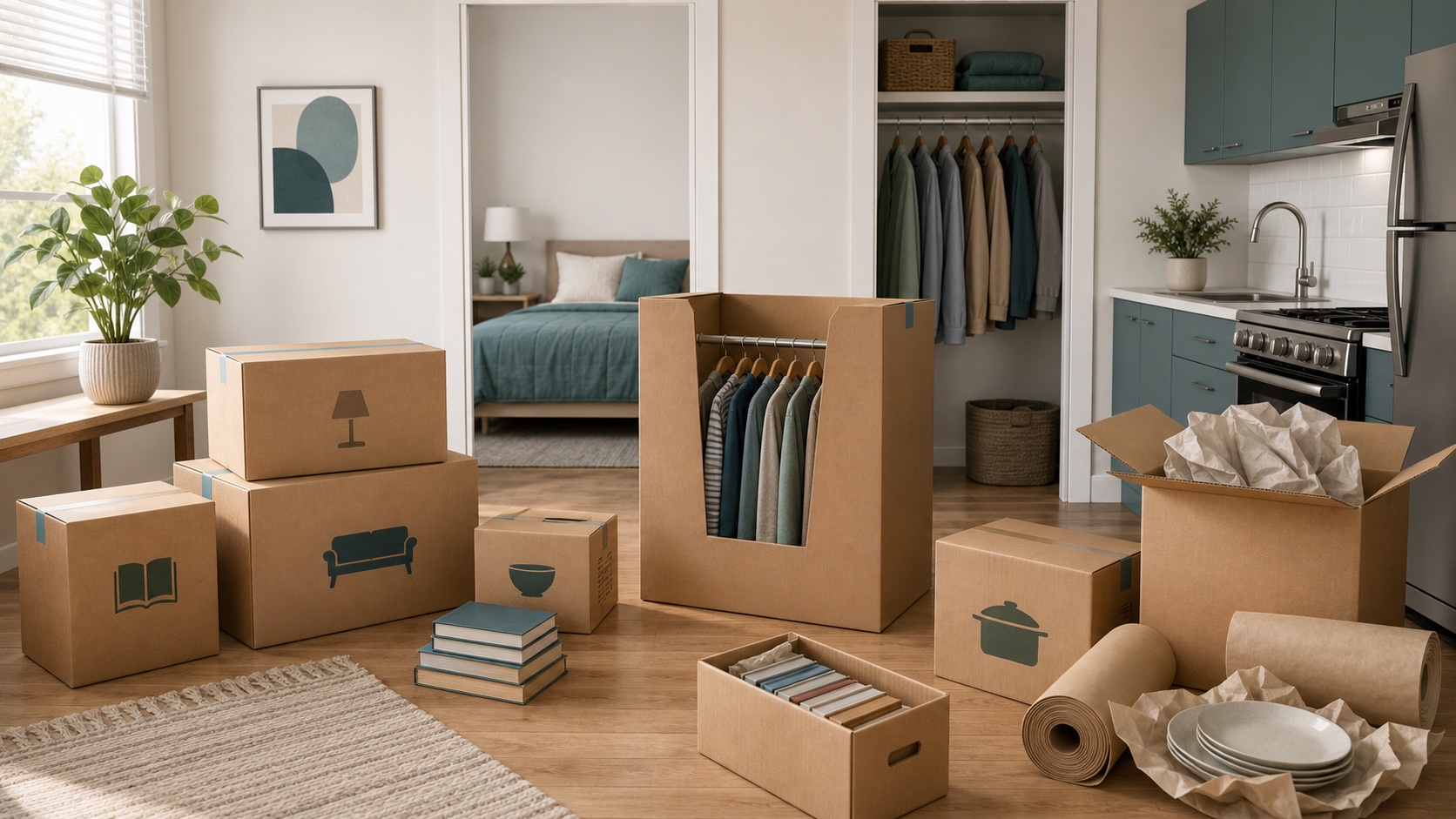 A one-bedroom apartment packing scene with wardrobe, kitchen, and medium boxes