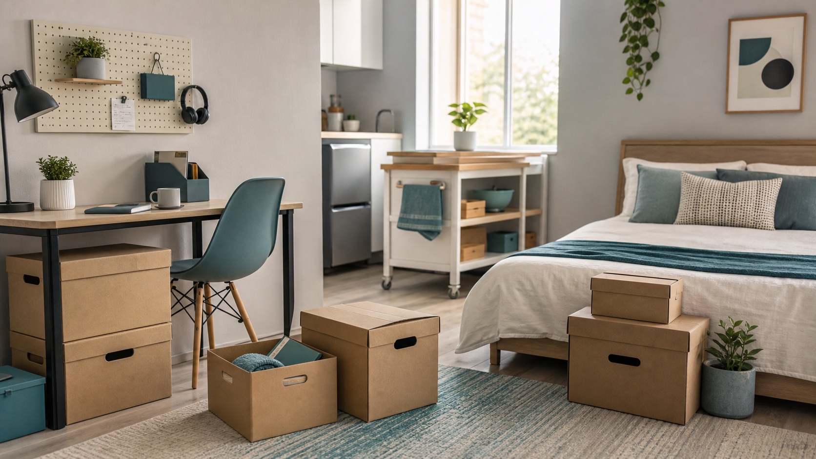 A compact studio apartment with organized moving boxes near a bed and desk