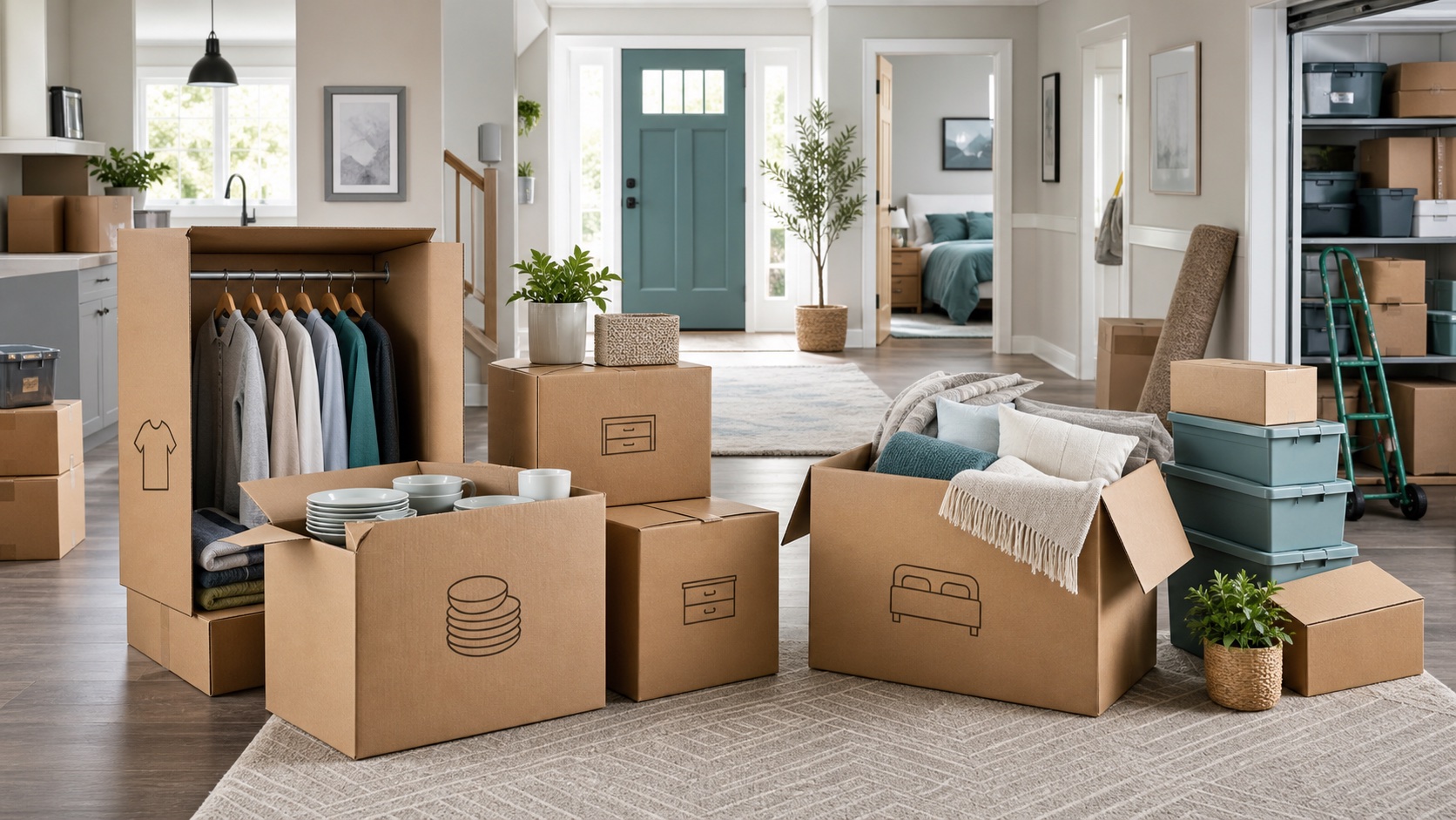 A larger house move with box groups for bedrooms, kitchen, garage, and storage