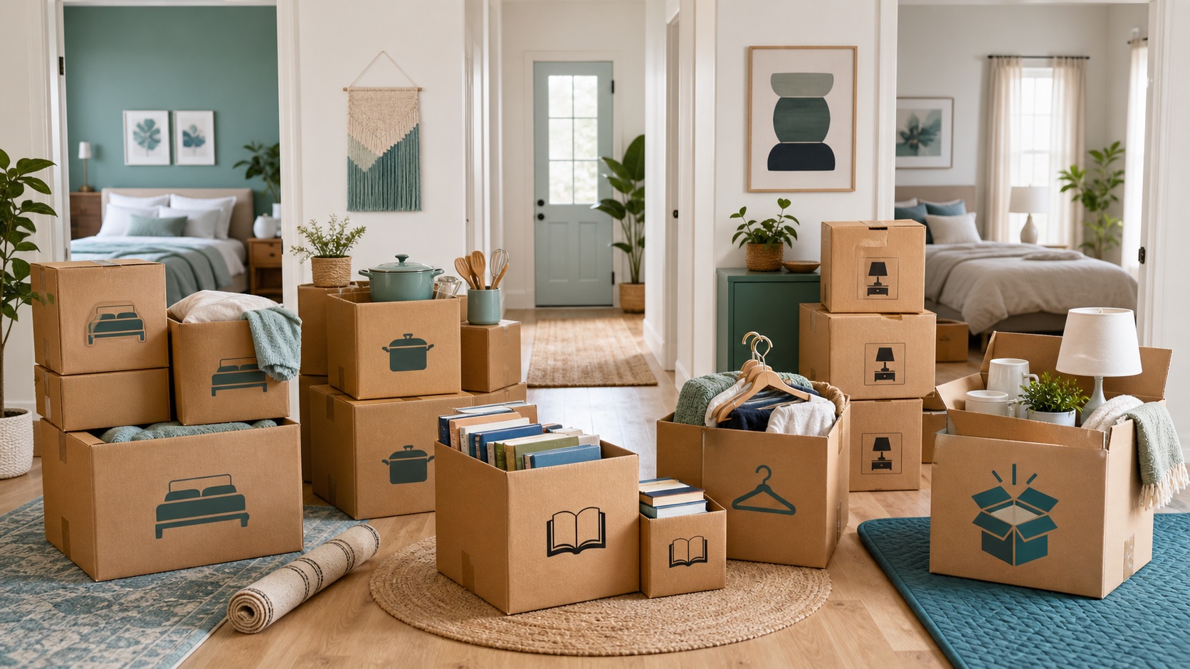 A two-bedroom home with organized moving box groups by room