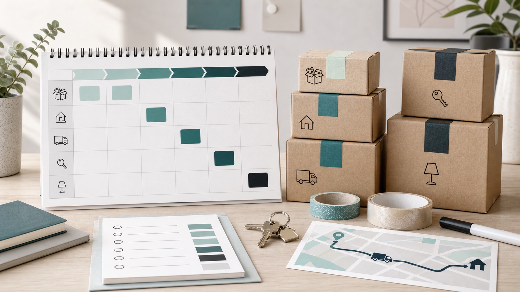A moving timeline planning desk with calendar, boxes, tape, marker, and keys