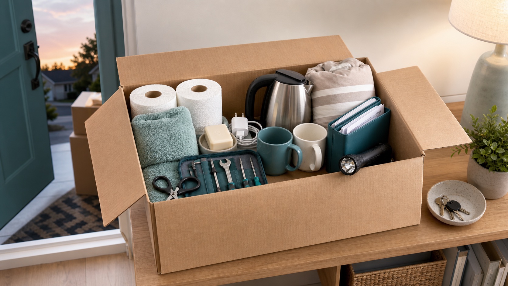 An open-first moving box with toiletries, charger, tools, kettle, bedding, and documents