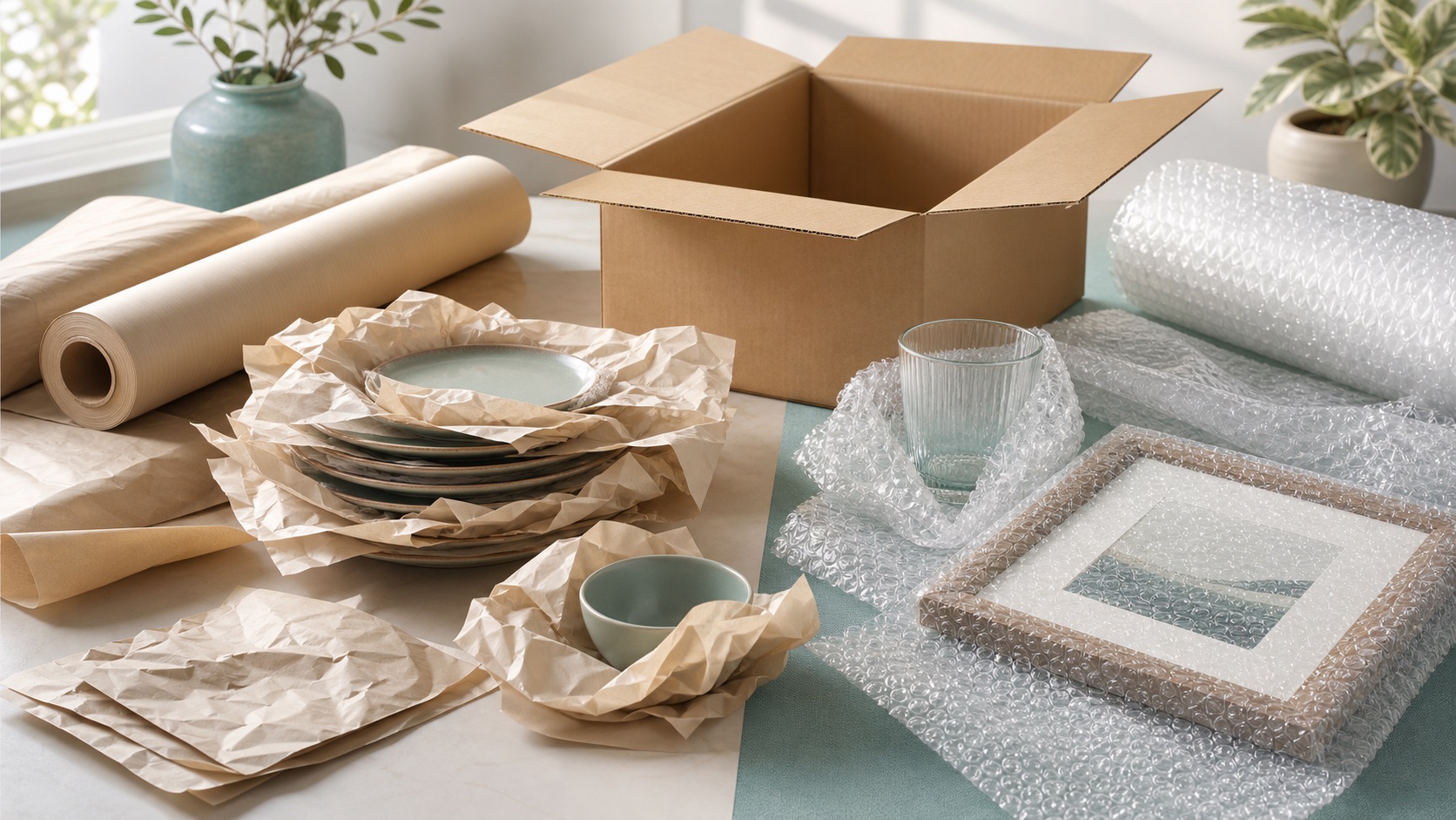Packing paper and bubble wrap arranged with plates, a mug, a framed picture, and a cardboard box