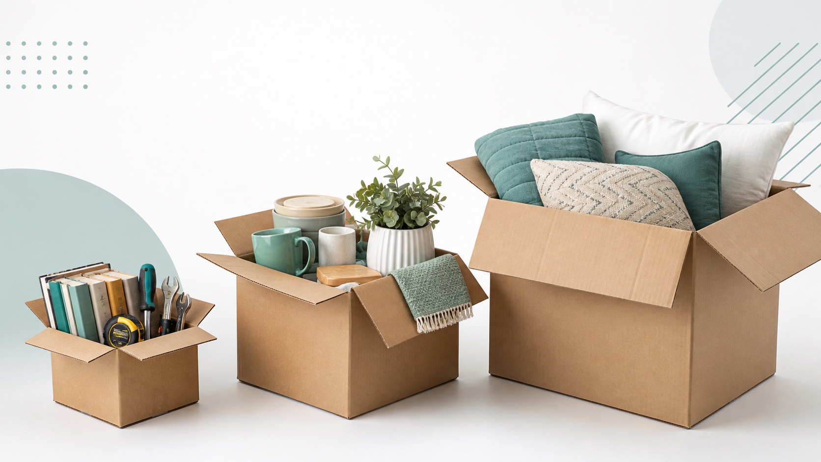 Small, medium, and large moving boxes arranged with household items