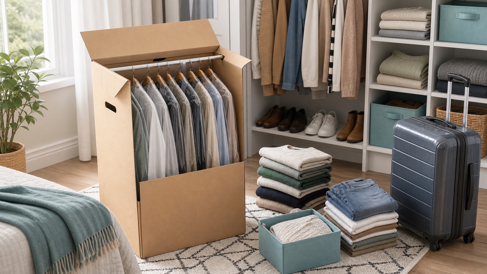 A wardrobe moving box with hanging clothes, folded sweaters, shoes, and a suitcase